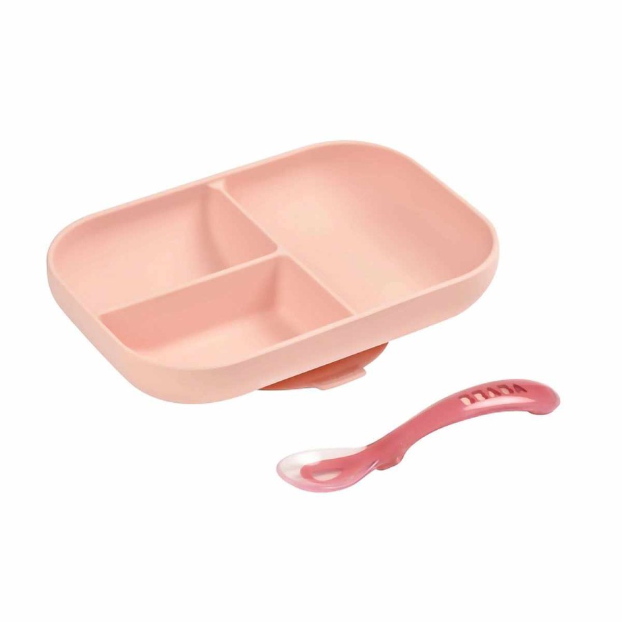 Feeding Beaba Grip + Suction Dishes | Silicone Divided Plate W/ 2Nd Stage Spoon